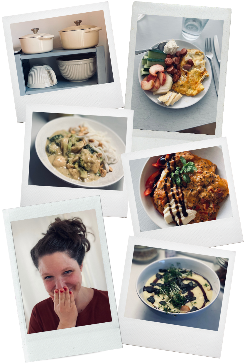 Eine Collage mit verschiedenen Polaroids, die ansprechend dekoriertes frisch gekochtes Essen zeigen, einen Schnappschuss von Marie Klinghammer und ästhetisch ansprechende Küchengeräte, die ordentlich im Regal stehen.