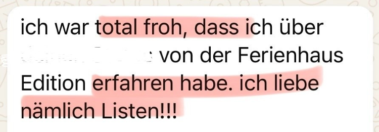 Ich war froh, dass ich über XY von der Ferienhaus Edition erfahren habe. Ich liebe nämlich Listen!!!