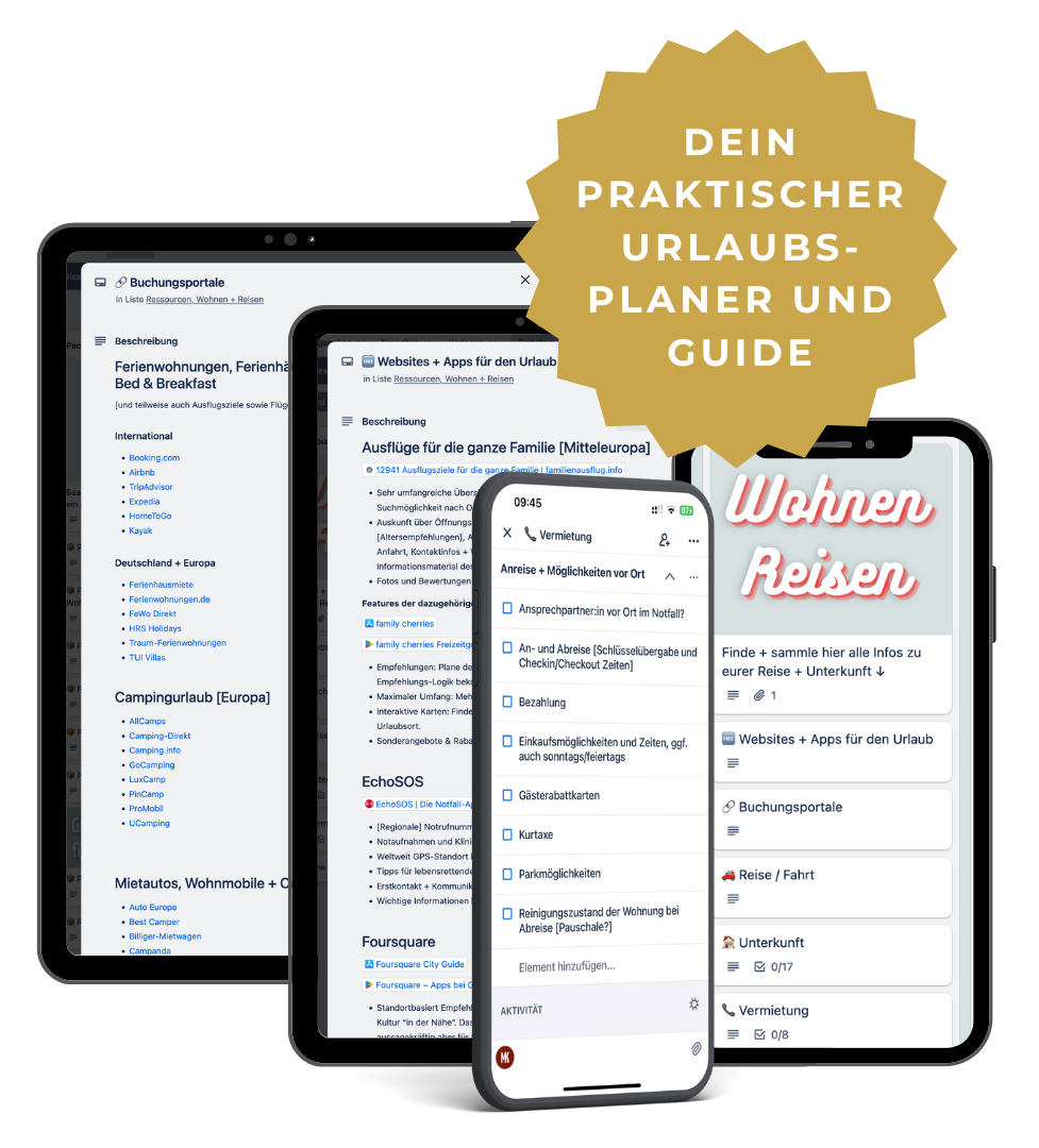 Abbildung des Urlaubsplaners mit Linksammlung, Checklisten und vorbereiteten Vorlagem auf Smartphones und Tablets