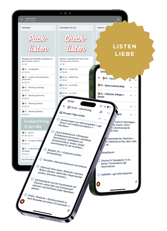 Abbildung der Packlisten und Checklisten auf Smartphones und Tablet.