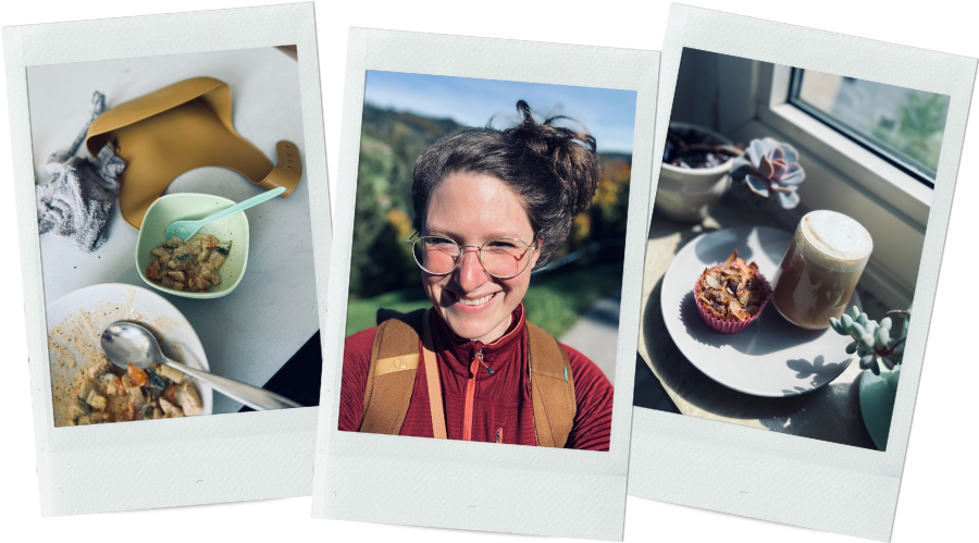 Eine Collage mit Polaroids, die eine Szene zeigt, wo ein Baby essen lernt, ein Schnappschuss, auf dem Marie Klinghammer beim Wandern an einem sonnigen Tag zu sehen ist und ein selbstgebackener Muffin mit Cappucchino und Sukkulenten ästhetisch angerichtet.