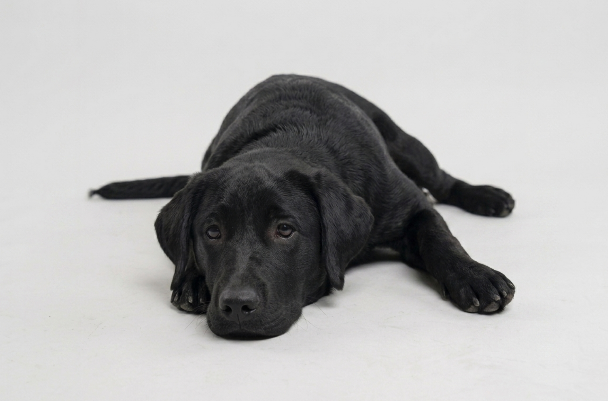 Bailey, our ten-month-old black Labrador puppy, patiently waiting for a snack delivery that appears to have been significantly delayed.