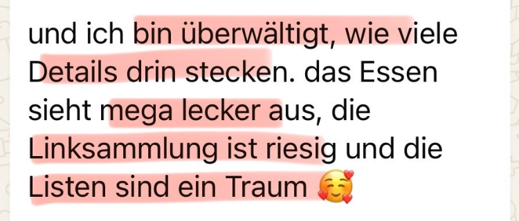 Und ich bin überwältigt, wie viele Details drin stecken. Das Essen sieht mega lecker aus, die Linksammlung ist riesig und die Listen sind ein Traum ❤️