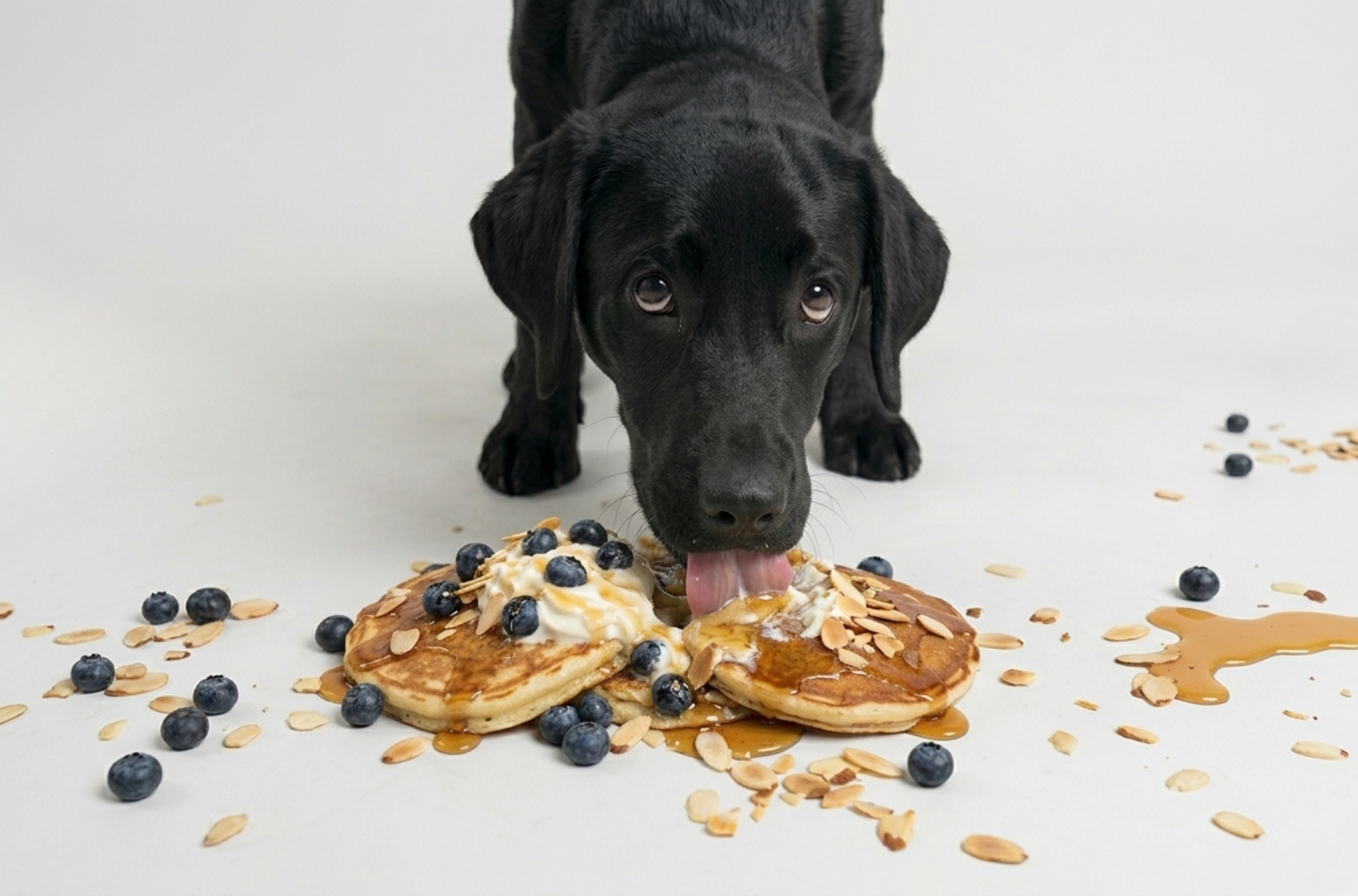 Bailey, our ten-month-old black Labrador puppy, conducting an unofficial quality inspection of a blueberry pancake breakfast.