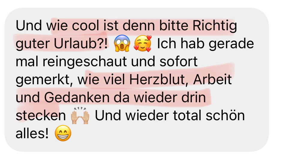 Wie cool ist bitte Richtig guter Urlaub?! Ich hab gerade mal reingeschaut und sofort gemerkt, wie viel Herzblut, Arbeit und Gedanken da wieder drin stecken. Und wieder total schön alles! Aber ich wusste ja schon: Was du raushaust, wird einfach immer gut