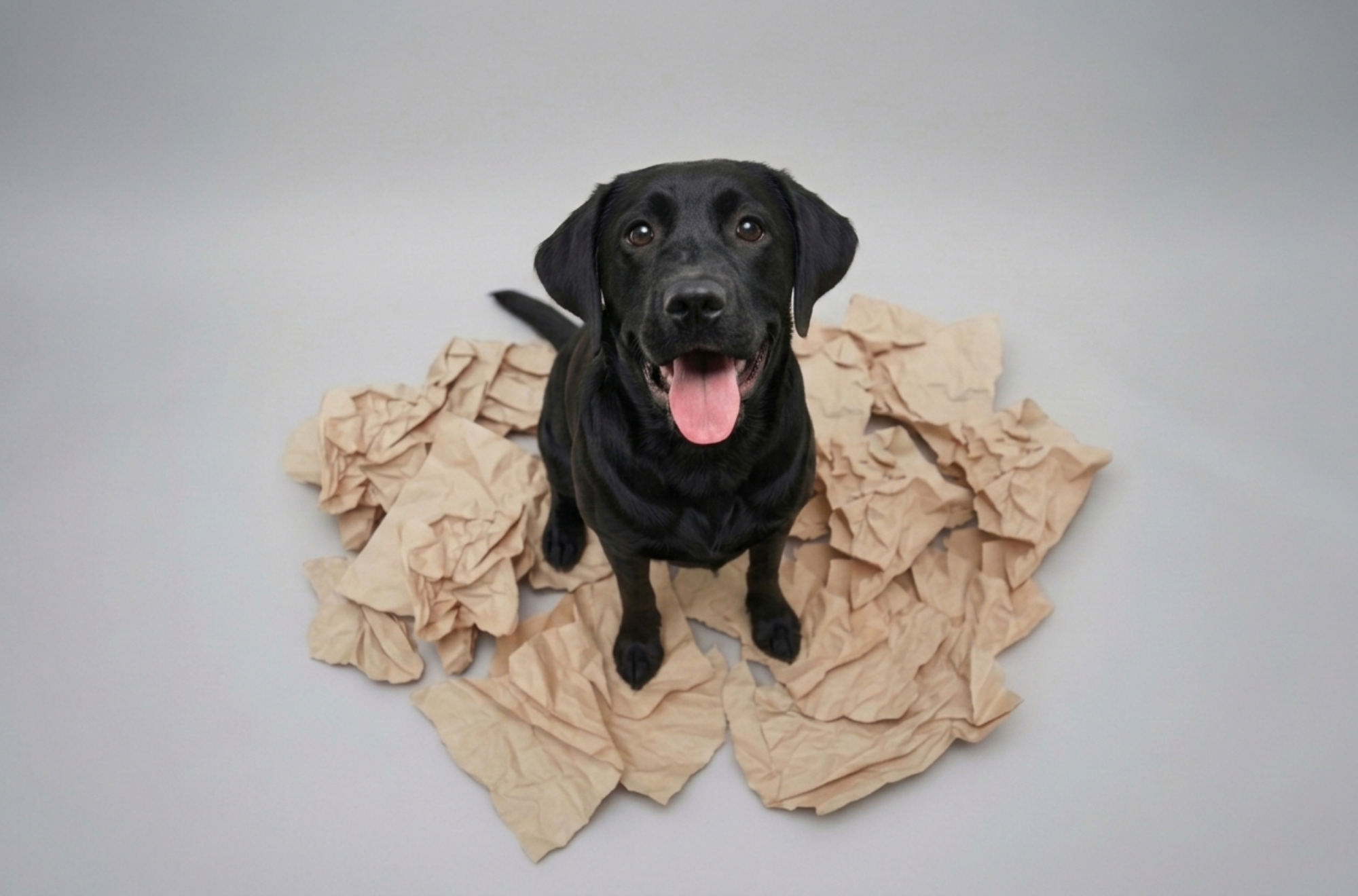 Bailey, our ten-month-old black Labrador puppy, looking very pleased with herself after resolving a paperwork situation nobody asked her to handle.