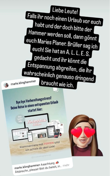 Falls ihr noch einen Urlaub vor euch habt + der doch bitte Hammer werden soll, dann gönnt euch Maries Planer. Brüller sag ich euch! Sie hat an alles gedacht und ihr könnt die Entspannung abgreifen, die ihr wahrscheinlich genauso dringend braucht wie ich.