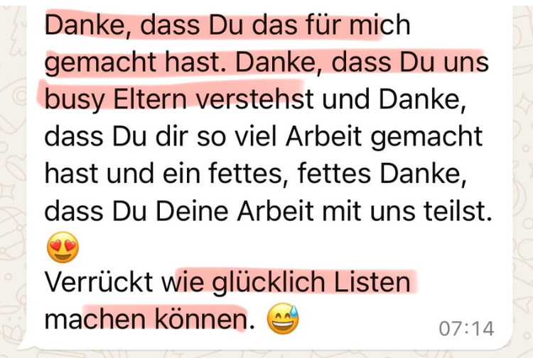 Danke, dass du das für mich gemacht hast. Danke, dass du uns busy Eltern verstehst und dass du dir so viel Arbeit gemacht hast und ein fettes, fettes Danke, dass du deine Arbeit mit uns teilst 😍 Verrückt, wie glücklich Listen machen können 😅