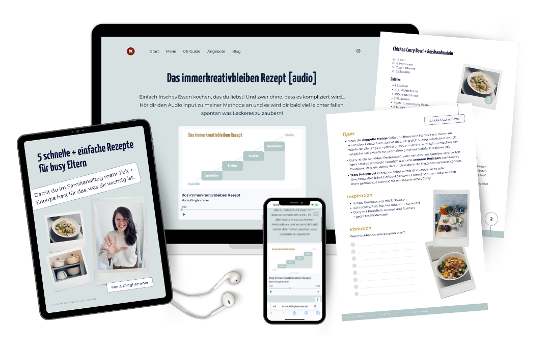 Abbildung des Audioplayers, Trainings, eBooks und Beispiele der PDF Inhalte mit Rezepten, Variationen und Tipps