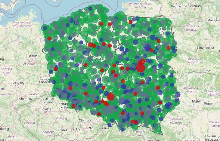 Mapa zgłoszeń w serwisie Każdy Musi Gdzieś Pracować.