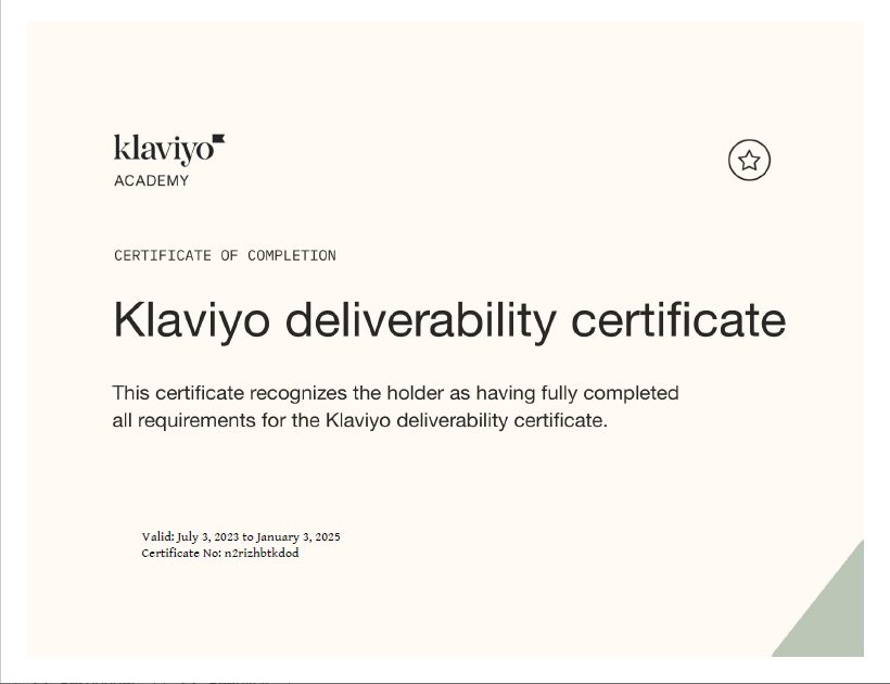 Klaviyo Deliverability Certificate - Klaviyo Partner