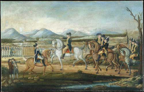 Washington reviewing the Western Army at Fort Cumberland, Maryland during the Whiskey Rebellion. Painting by Frederick Kemmelmeyer, late 1700s.