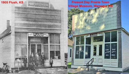 The Flush Post Office building was moved to Prairie Town Village Museum in Wamego, Kansas.