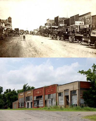 Shamrock, Oklahoma, during its boom days and more recently.
