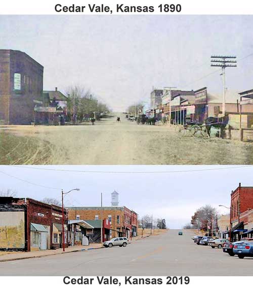 Cedar Vale, Kansas, Main Street, 1890 and 2019