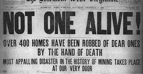Fairmont, West Virginia, Newspaper, December 7, 1907, headline for the worst mining disaster in U.S. History.