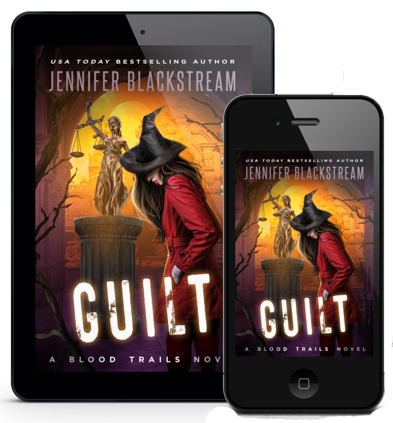 Cover art for Guilt, Blood Trails #15. Features Shade standing in the foreground with an ominous statue of Lady Justice behind her.