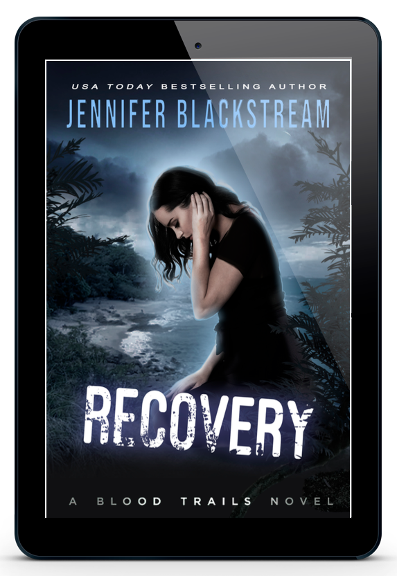 Cover art for Recovery, Blood Trails #16.5, pictured on an ereader. Cover art features Scath kneeling on the beach of Lake Erie with a misty island in the background.