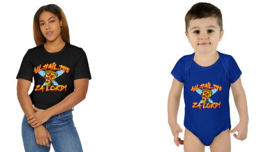 Image of a woman wearing a black T-shirt and a baby wearing a blue onesie, both with the phrase “All hail the Za Lord!“ over a slice of pizza with fairy wings sticking out from behind it, and a sword sticking through it. 