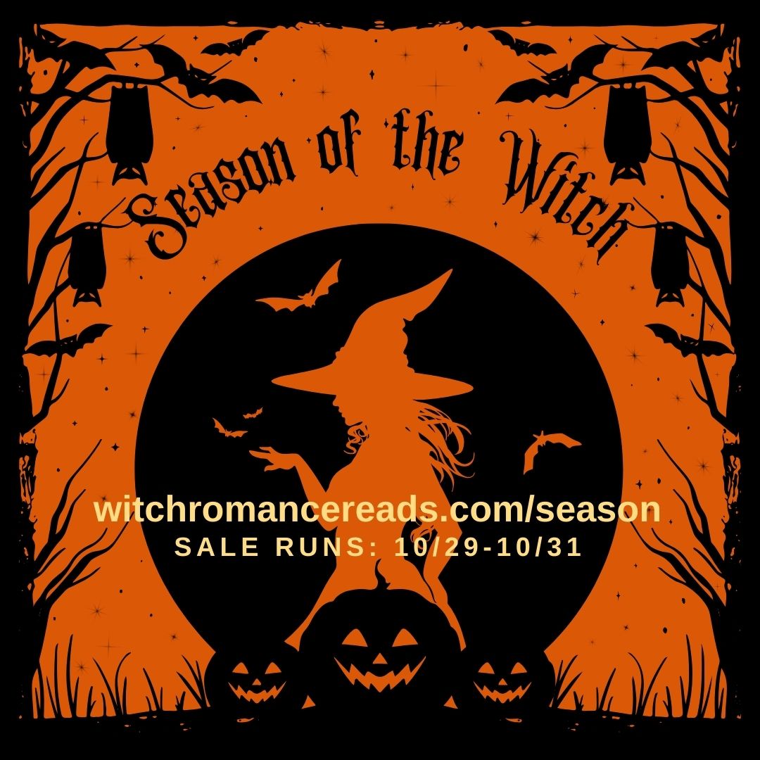 Graphic featuring a witch silhouette and advertising the season of the witch sale.