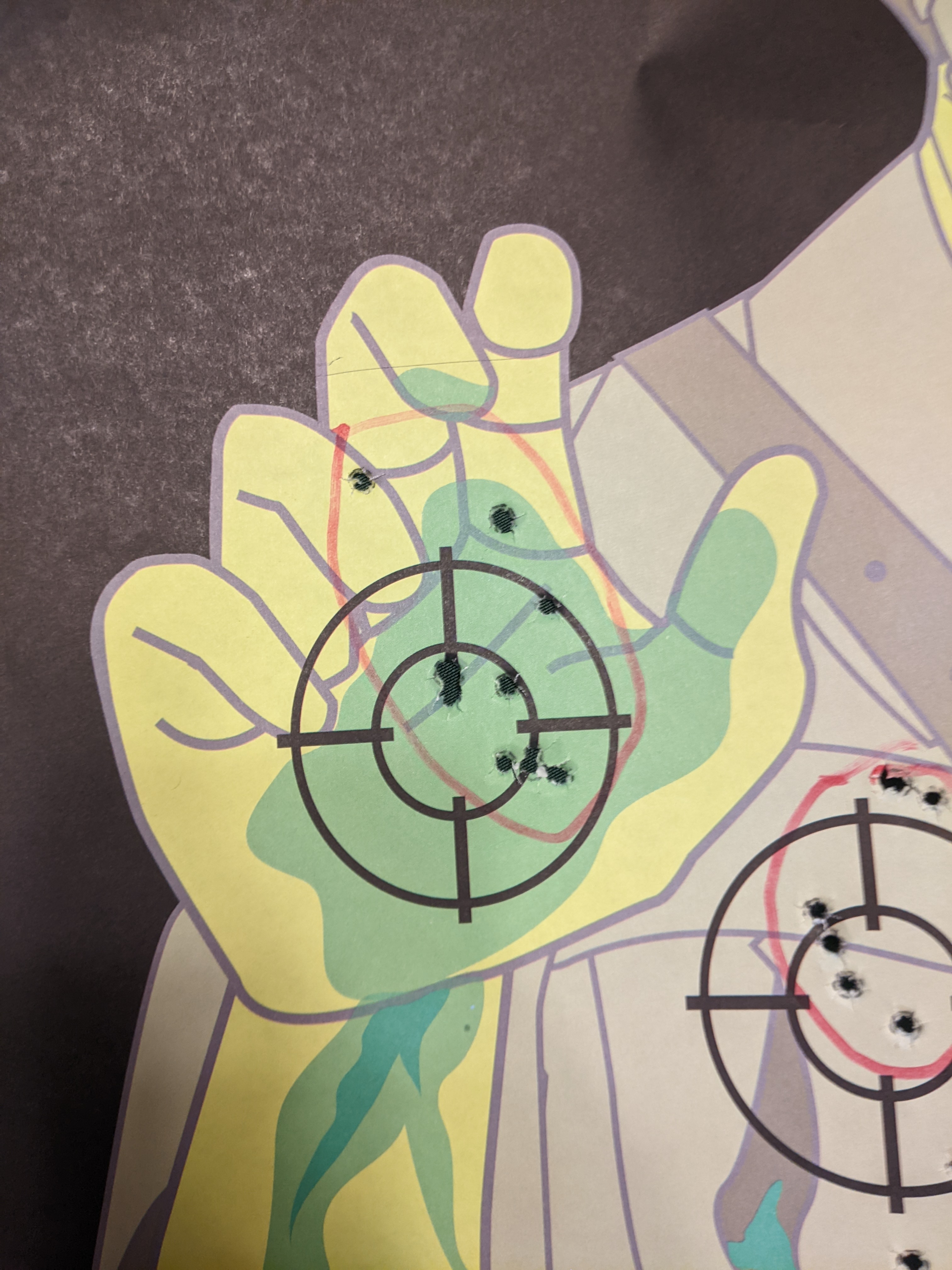 Zombie's hand target with well-grouped shots.