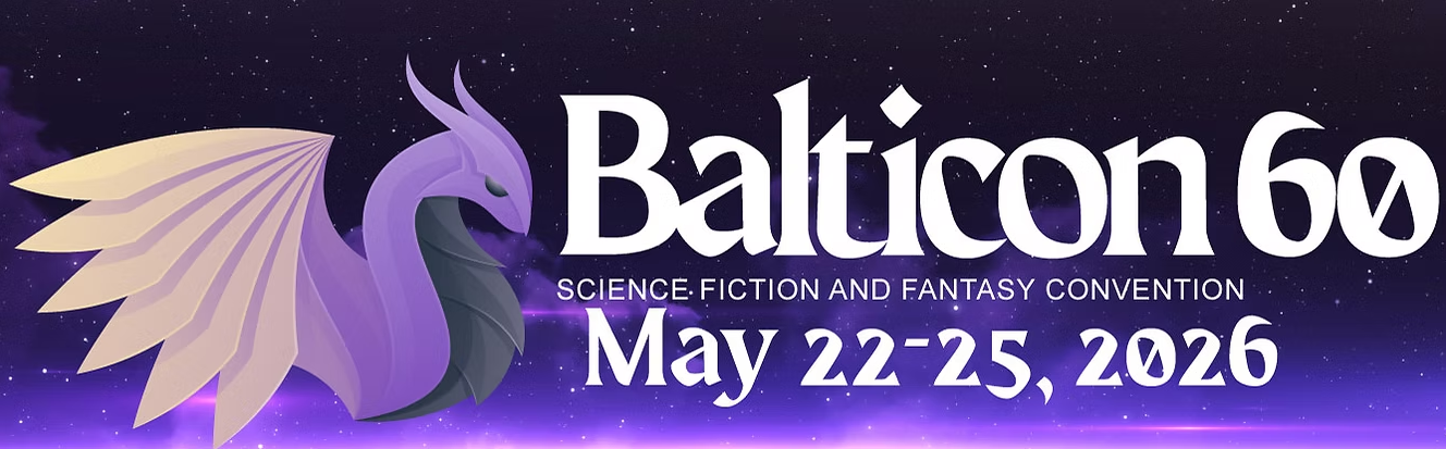 Balticon logo in purple featuring a beautiful origami looking dragon and declaring that Balticon will be held May 22-25, 2026.