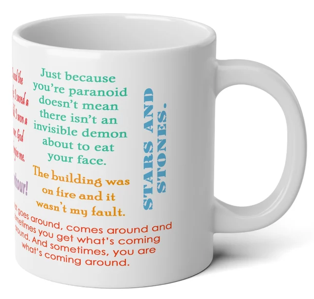 Image of a 20 oz coffee mug covered in Dresden Files' quotes, with varying colors and fonts.