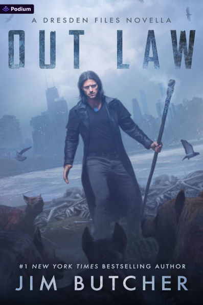 Cover art for Out Law featuring a hatless Dresden standing in front of a pile of bones facing off against hellhounds.