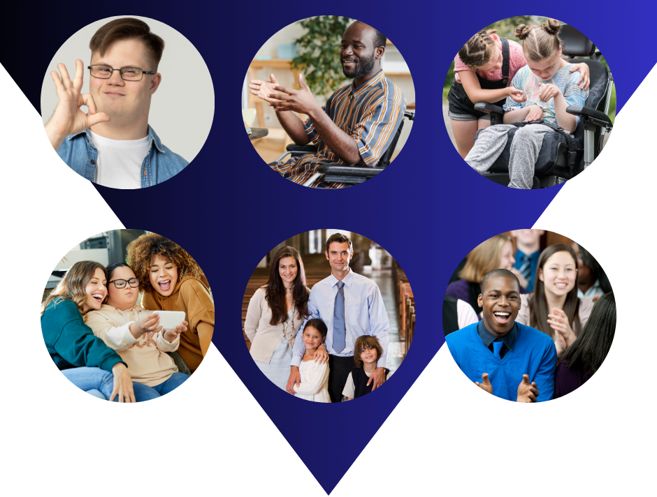 Multiple images of people with disabilities and their families in various settings