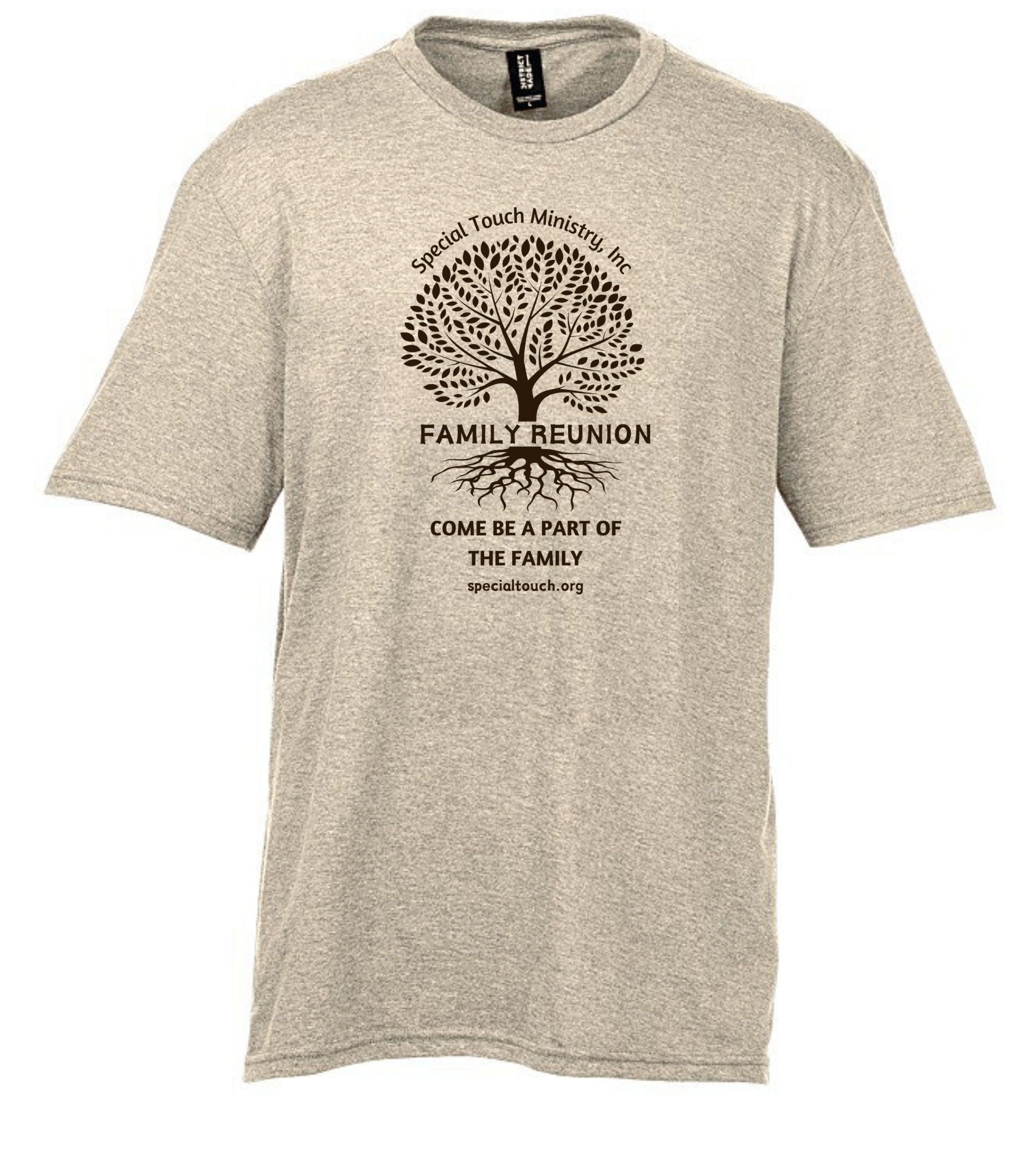 Picture of Tshirt light brown with dark brown tree and Special Touch Ministry, Inc Family Reunion come be a part of the family