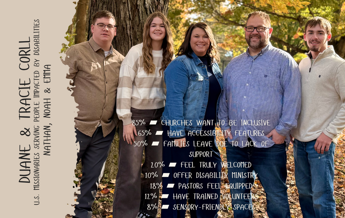 Looking down on a row of church pews with a lot of people sitting in them or next to them in wheelchairs. 