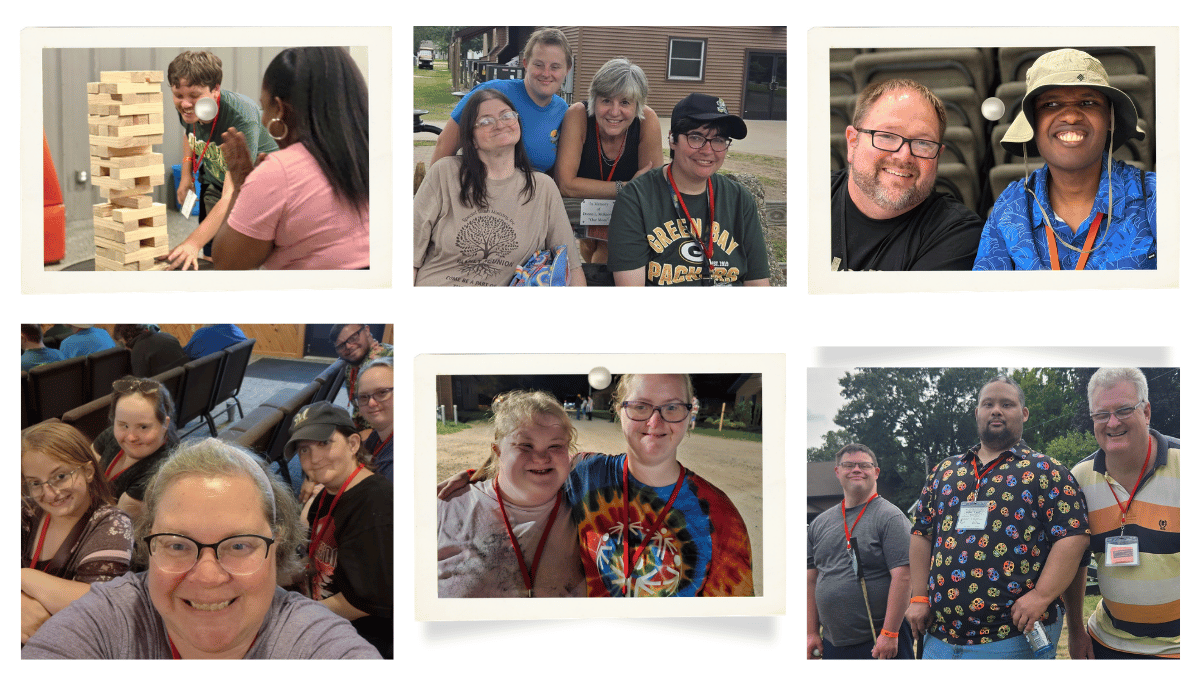 A number of smiling faces and groups of people having fun during camp activities. 
