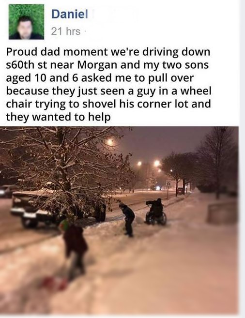 FB post proud dad moment two sons asked to stop and help a guy in a wheelchair shovel his lot