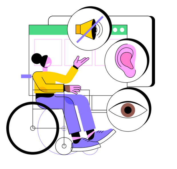 Image of person in a wheelchair and disability symbols.