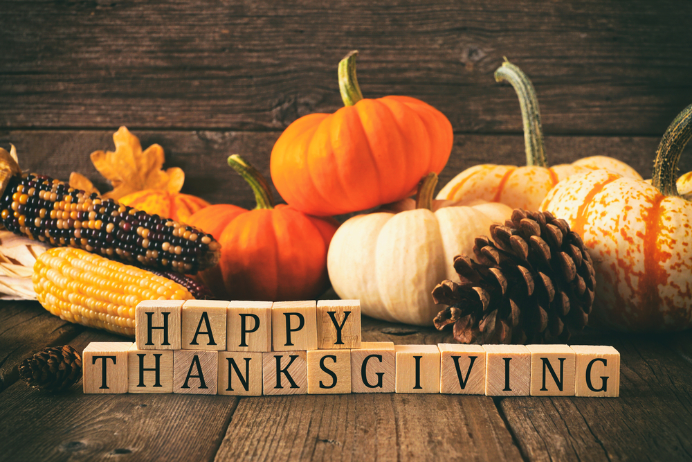 Happy Thanksgiving spelled out in blocks with maize mini pumpkins and a pine cone behind