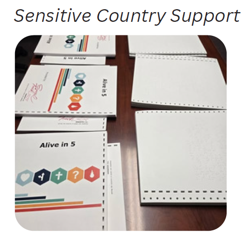 Sensitive Country Support showing Alive in Five Large Print and Braille Evangelism Resources