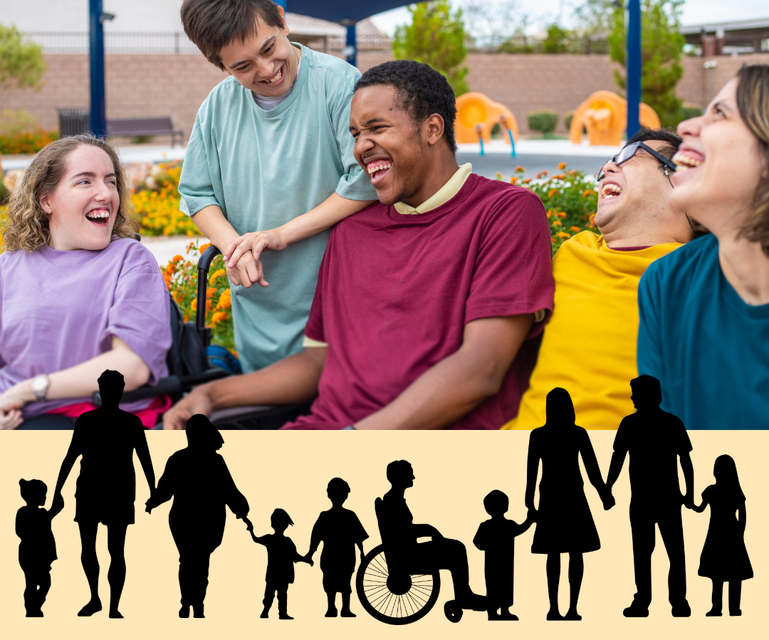 Group of people laughing together some who have obvious disabilities