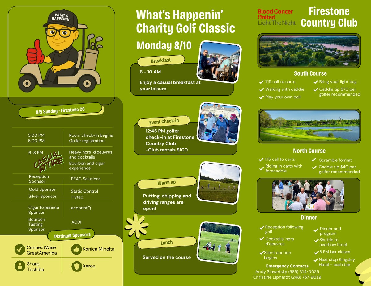 What's Happenin' Charity Golf Classic schedule at Firestone Country Club, including Sunday check-in and reception, Monday breakfast, event check-in, warm-up, lunch, South and North Course details, dinner, sponsors, and emergency contacts.