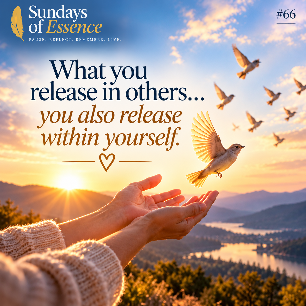 whay you release in others...you also release within yourself with picture of woman's hands liberating birdes to fly in the sky