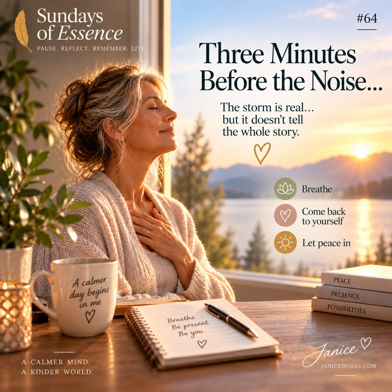 visual with words: three minutes before the noise with middle aged woman 