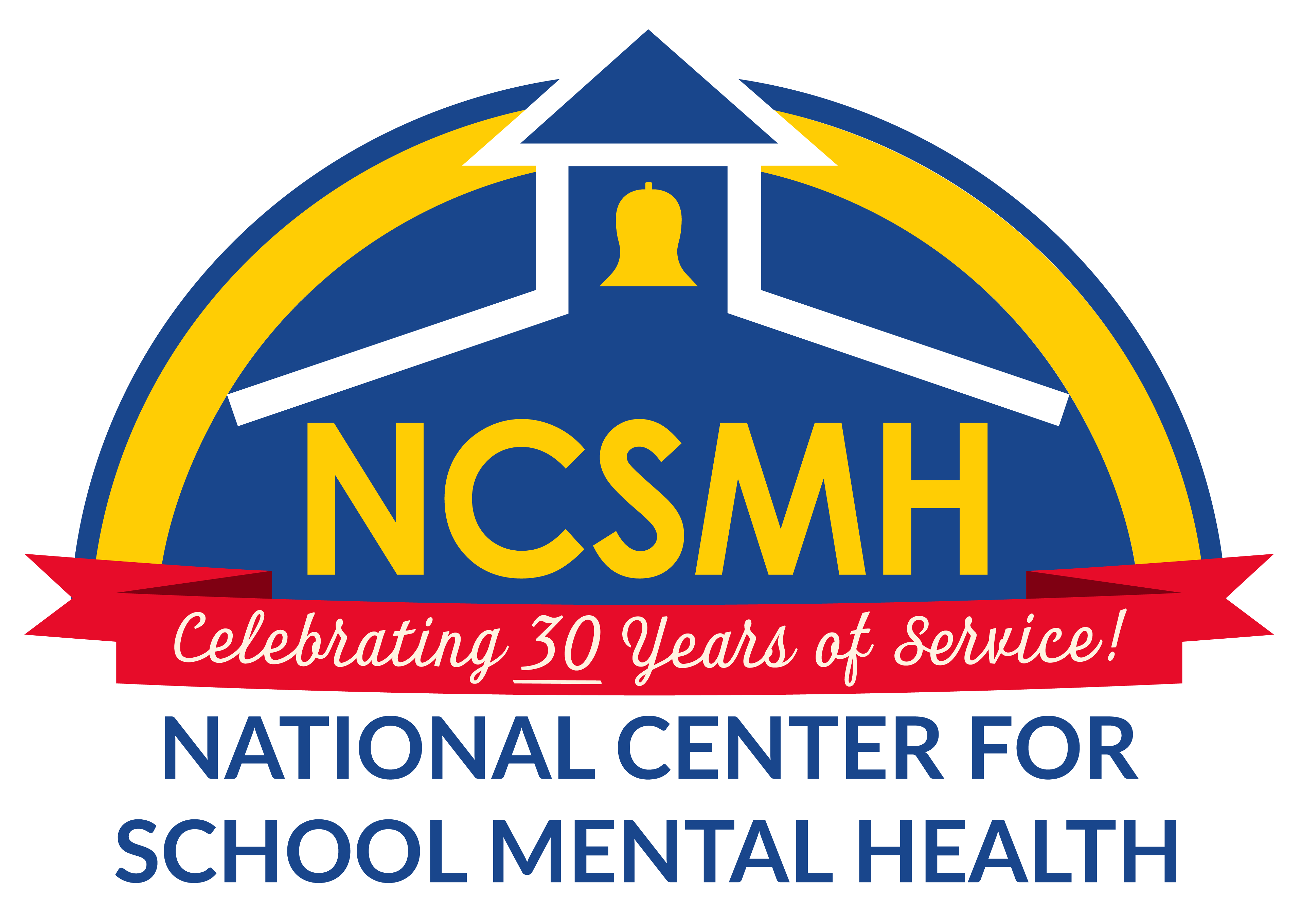NCSMH logo of a building top with a bell and curved blue and yellow background.