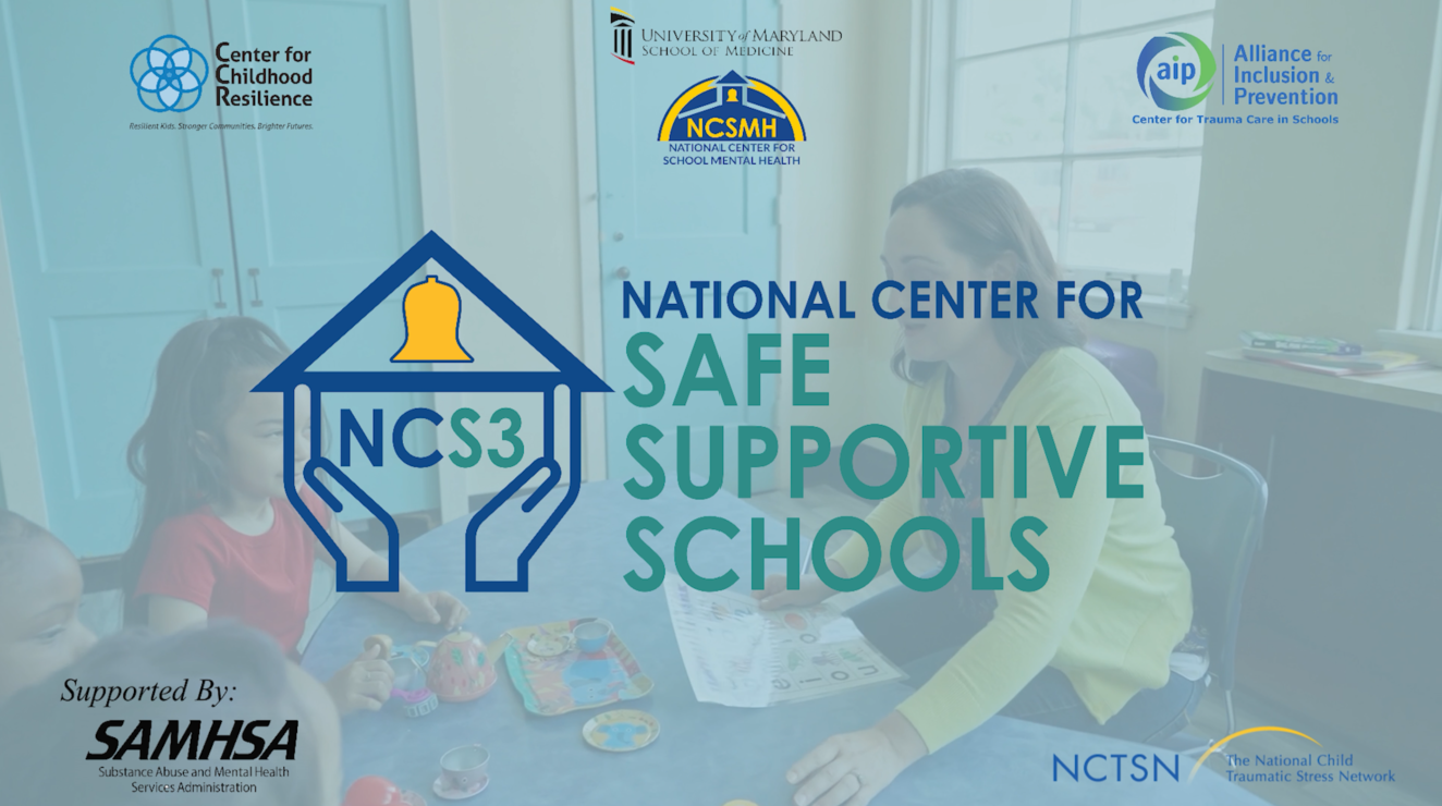 National Center for Safe Supportive Schools NCS3. Logo over the background of an adult woman sitting at a table with young children teaching them.