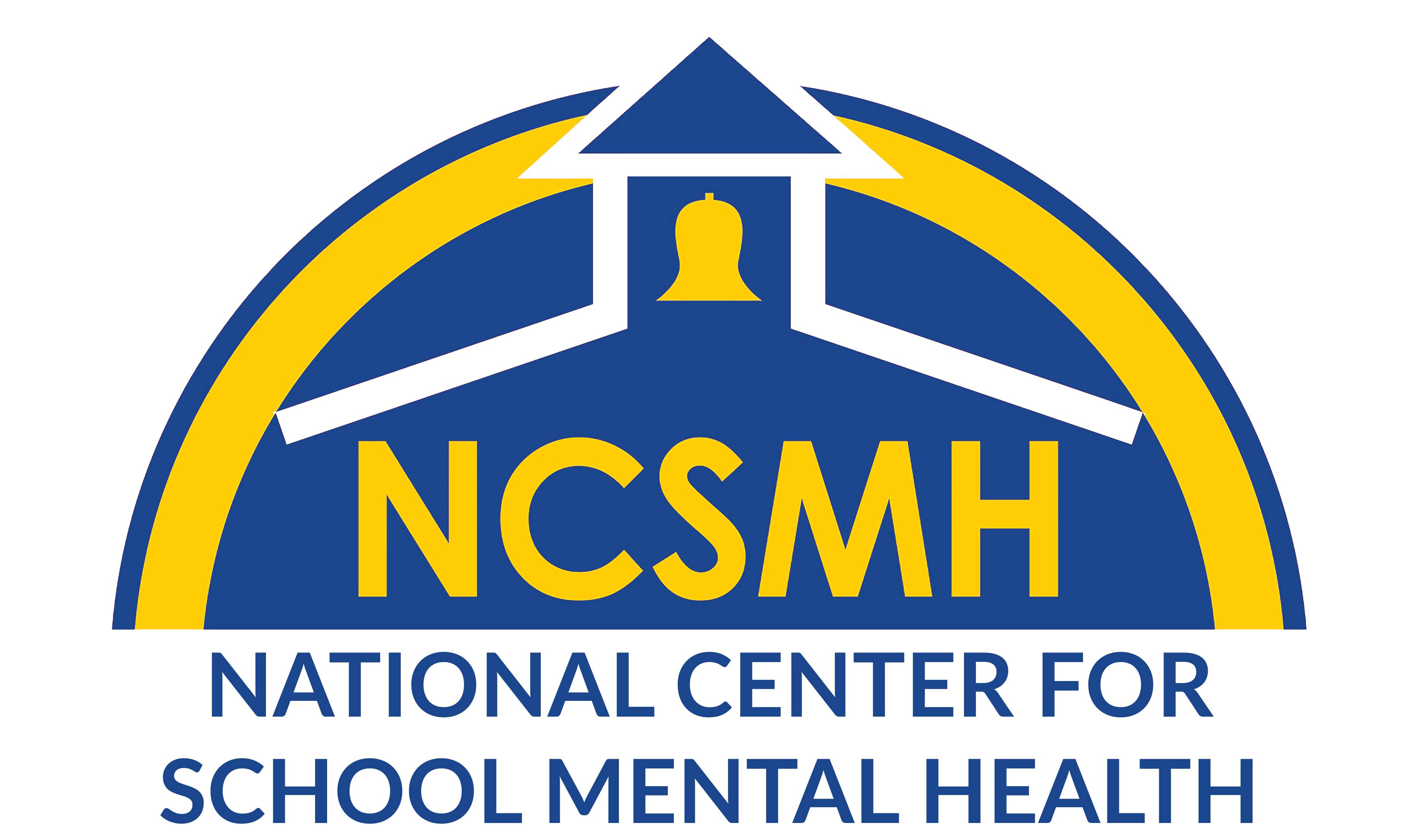 NCSMH logo of a building top with a bell and curved blue and yellow background.
