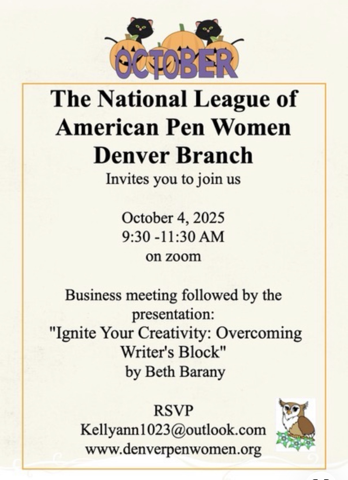 “Ignite Your Creativity: Overcoming Writer's Block“ based on my book “Overcome Writer's Block: 10 Writing Sparks to Jumpstart Your Creativity“ by Beth Barany to the National League of American Pen Women.