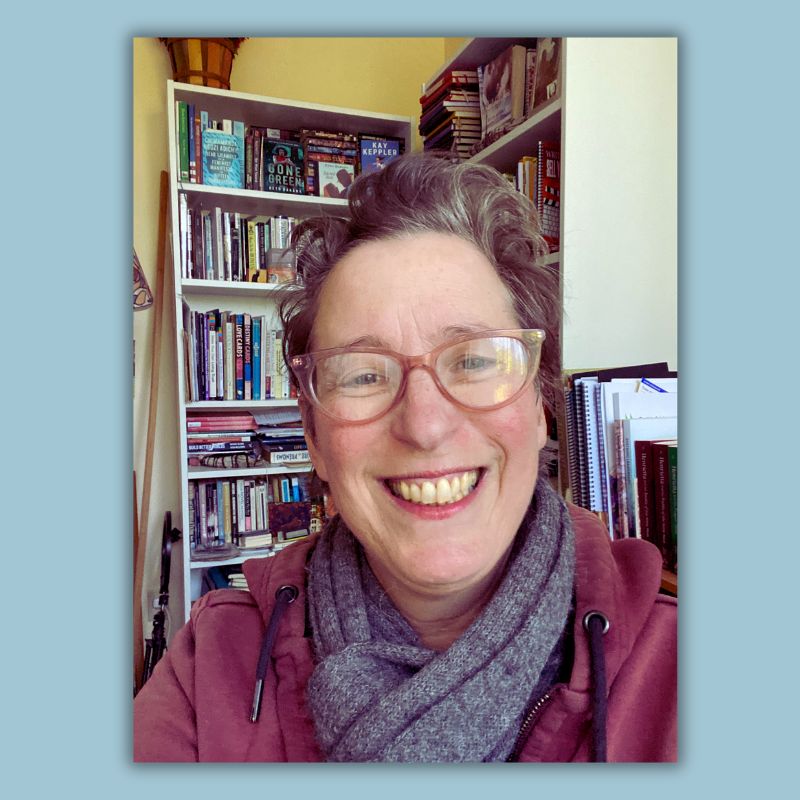 An image of me, Beth Barany, smiling and welcoming you into a Deep Dive Coaching Session to talk about your book and your creative process. Wearing a magenta hoodie and grey scarf. Backdrop is of two bookshelves like at a bookstore. Setting: home office.