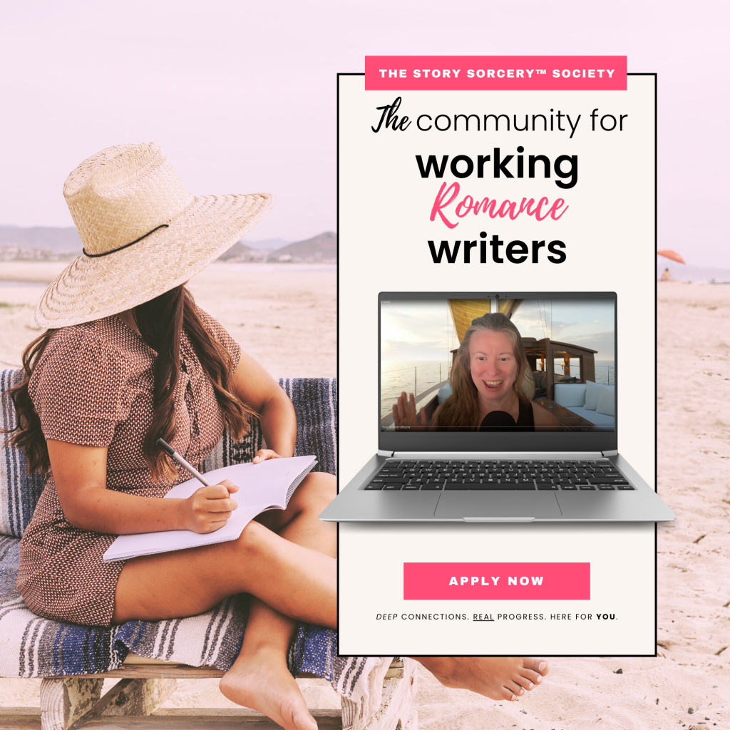 The Story Sorcery Society offers personalized coaching, bite-sized exercises that produce breakthroughs, and a supportive community of fellow romance authors—all specifically designed to help you break through that frustrating “muddy middle“ in your publishing career.