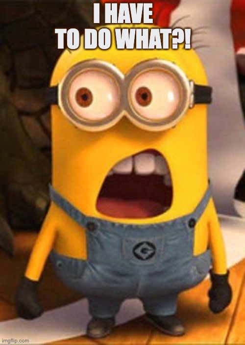 A minion with a shocked expression on their face, saying, “I have to do what?!“