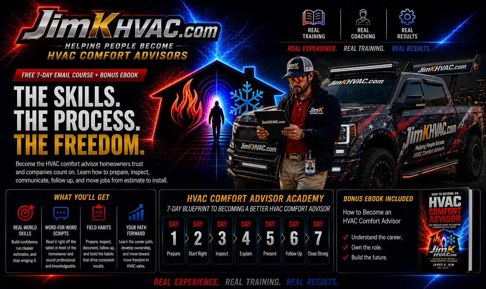 JimK HVAC Comfort Advisor Academy landing page hero banner featuring Kenny beside a wrapped HVAC pickup truck