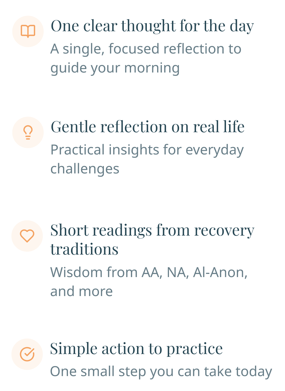 Four benefit cards: One clear thought for the day, Short readings from recovery traditions, Gentle reflection on real life, and Simple action to practice.