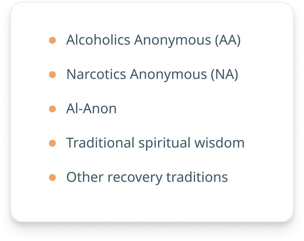 Recovery traditions Daily Ponderables draws from: AA, NA, Al-Anon, Traditional spiritual wisdom, and Other recovery traditions, shown with orange bullet points.